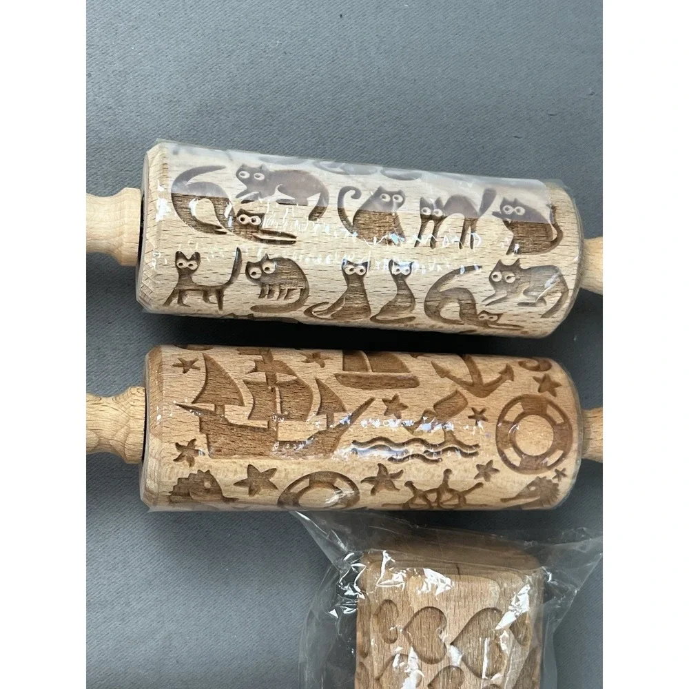 Rolling Pin Cookie Dough Cats, Hearts & Nautical Embossing Wood Folkroll Baking